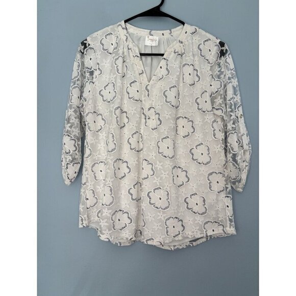 Siren Tops - Siren Lily Floral Blouse Top Size Small Petite White Blue Cottage Flower